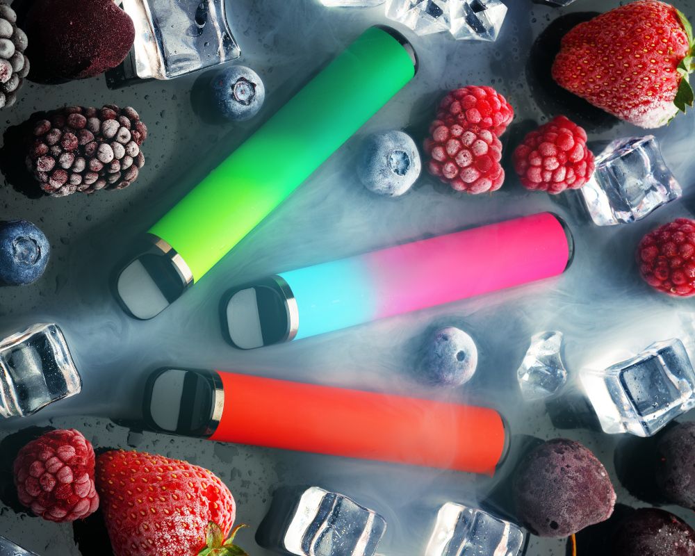 Cigarrillos electrónicos con frutos rojos congelados alrededor.